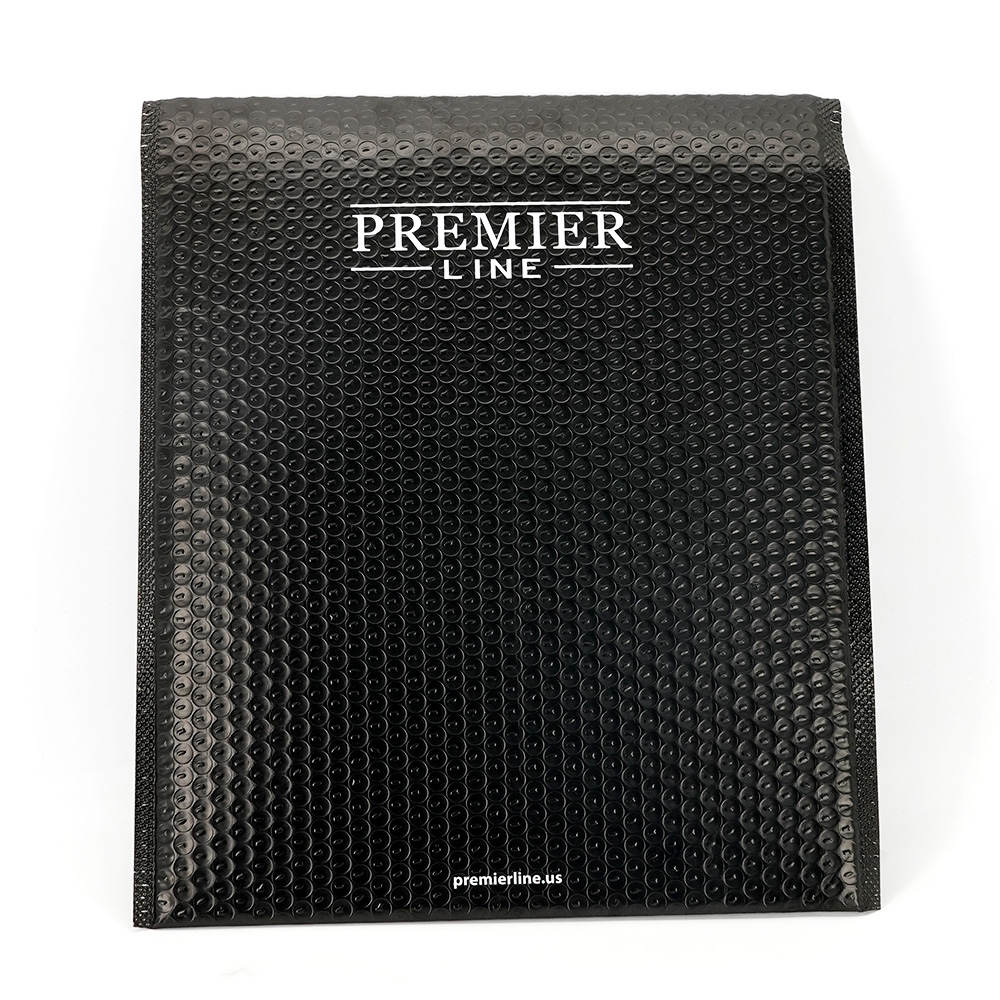 black branded bubble mailer front view