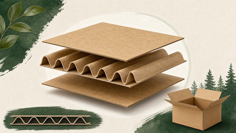 Exploded corrugated cardboard layers showing fluted medium between linerboards