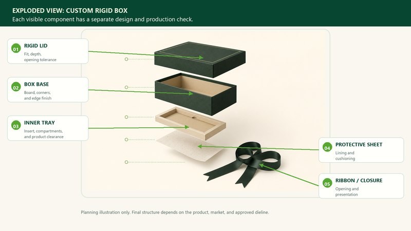 Exploded view of a custom rigid box showing the rigid lid, box base, inner tray, protective sheet, and ribbon closure