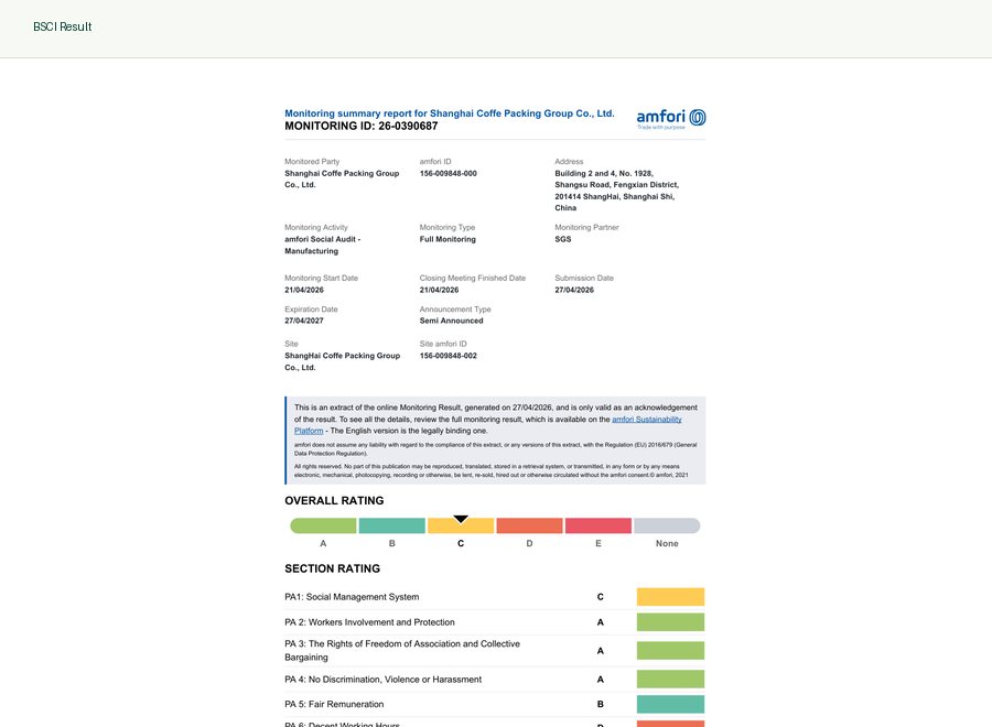 BSCI result for supplier social compliance