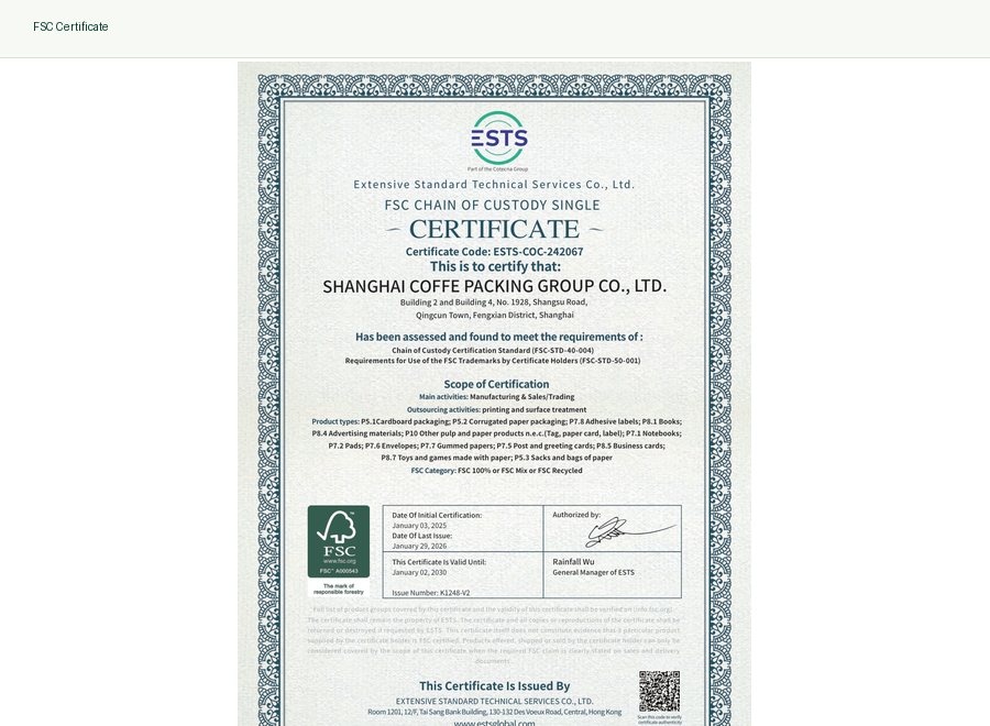 FSC certificate display for Forests Packaging compliance page
