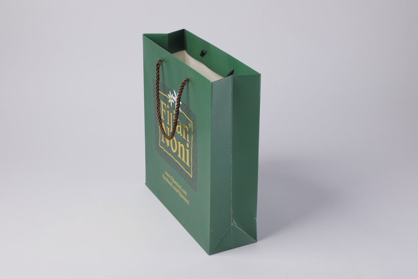 custom paper gift bag with ribbon handle and folded base