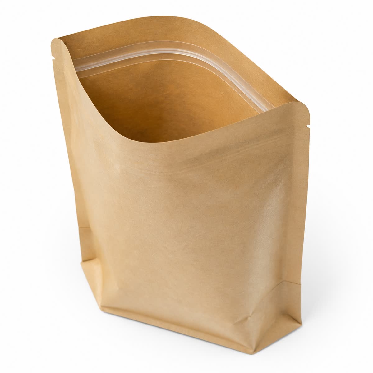 open kraft flat bottom pouch showing the gusset and base