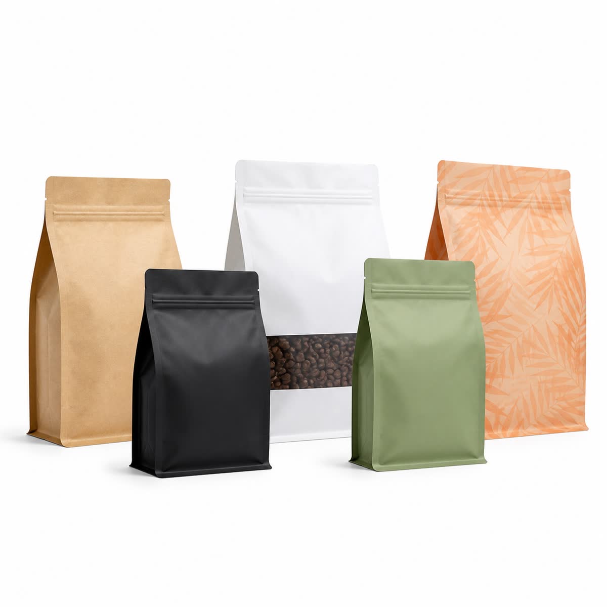 range of custom flat bottom pouches in different sizes and finishes