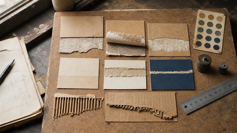 Three adhesive failure modes shown on paper packaging test swatches with torn board and split glue lines