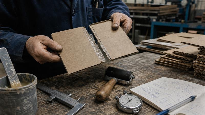 Packaging technician testing adhesive bond strength on rough recycled corrugated board with a hand roller and notes