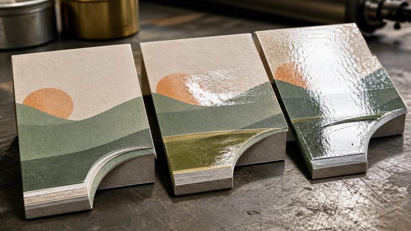 Printed paperboard samples showing different coating finishes