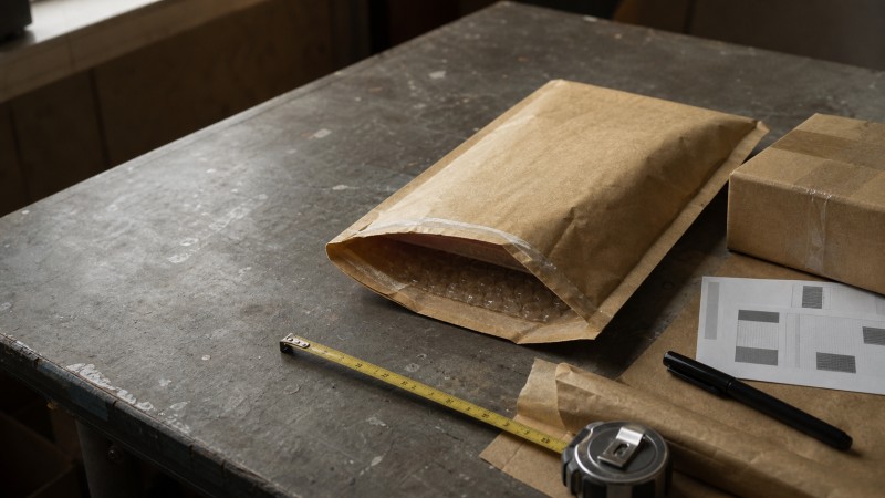 Opened kraft bubble mailer, measuring tape, marker, and shipping label on a worn packaging workbench