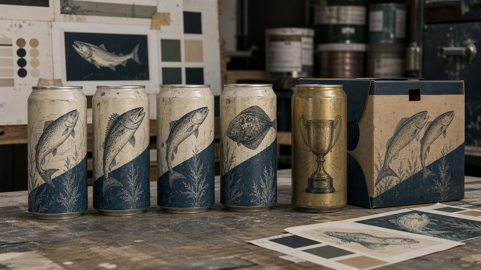 Aged editorial illustration of limited-edition fish-themed beverage cans and a paperboard multipack on a worn packaging workbench