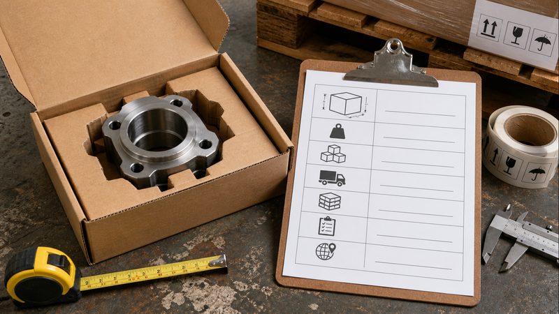 Industrial component in a corrugated insert beside a packaging RFQ specification checklist