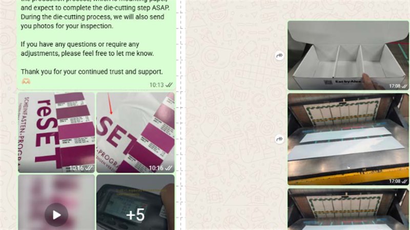 Real anonymized case screenshot showing paperboard packaging samples and die-cutting production checks. Used to illustrate why a dieline should be reviewed alongside physical samples.