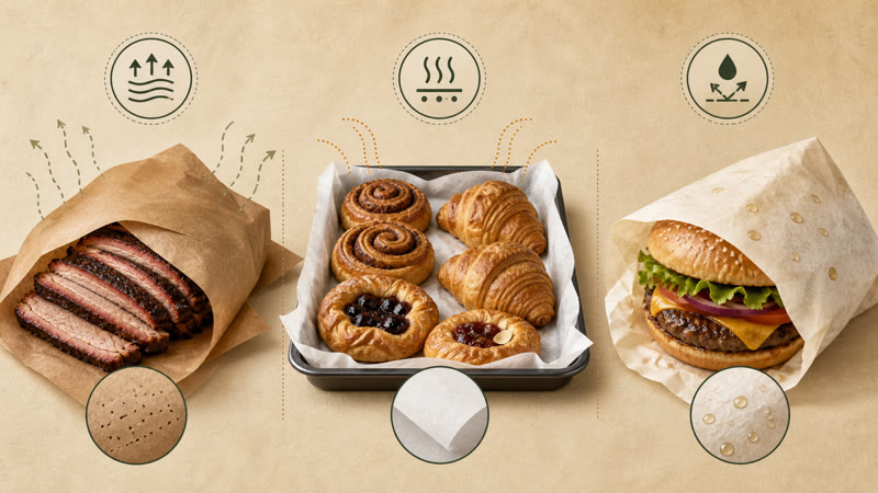 Illustration comparing butcher paper for barbecue parchment for baking and grease-resistant food paper for burgers