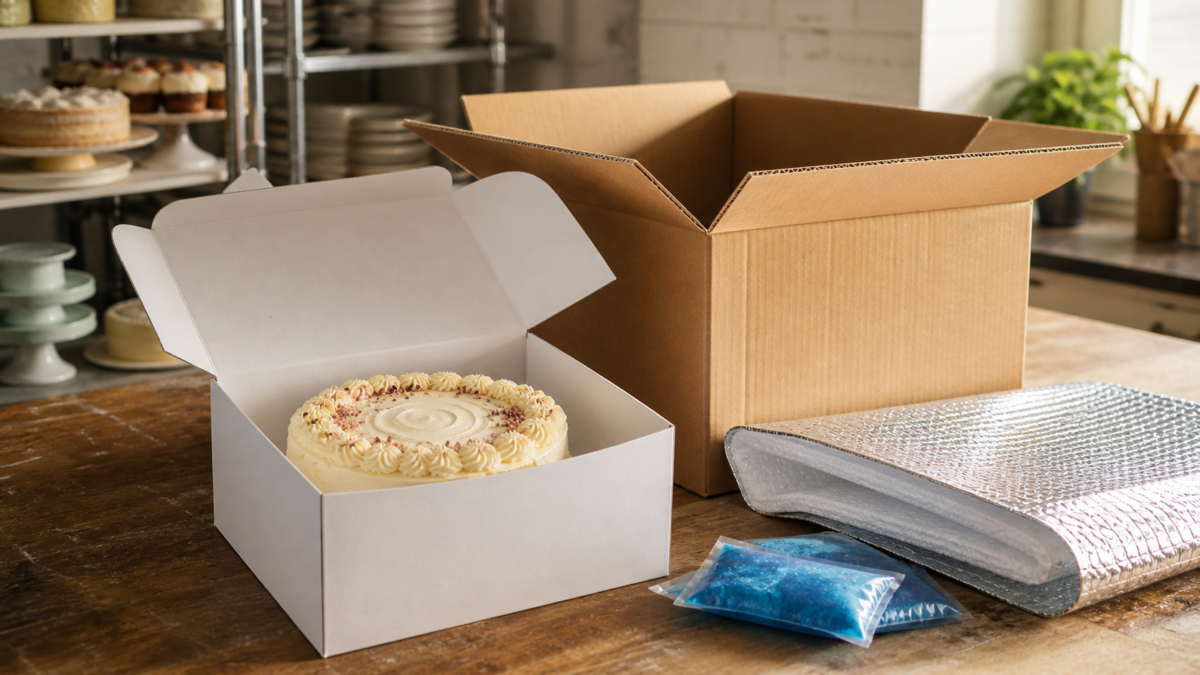 Cake in an inner bakery box beside a corrugated shipping carton, insulated liner, and gel packs