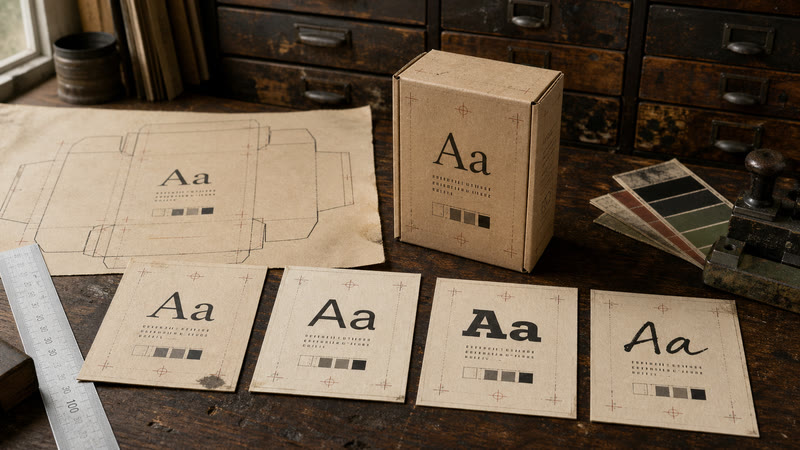 Aged packaging typography proof with serif and sans-serif samples beside a kraft carton and dieline