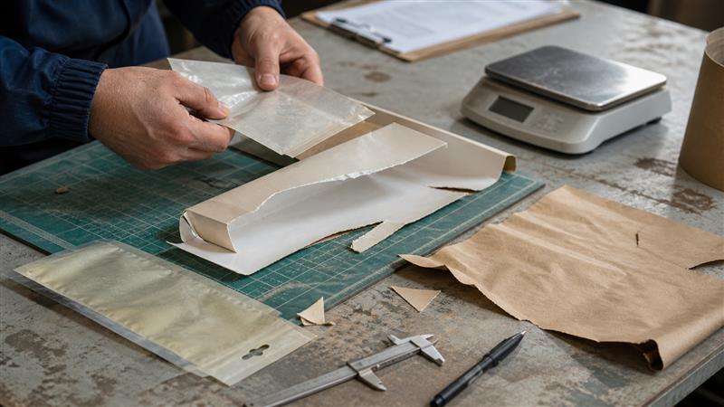 Packaging materials being checked for structure and performance on a workbench
