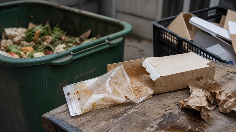 Used compostable pouch and recyclable carton at an organics collection area