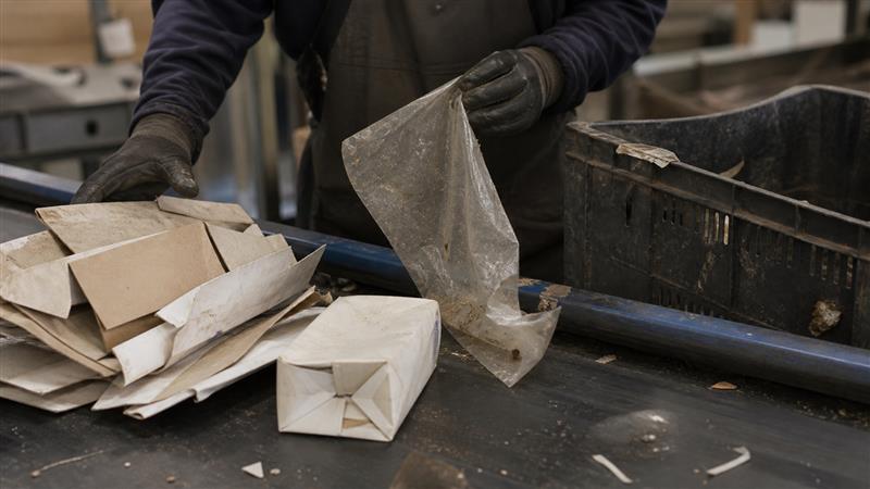 Packaging materials being separated at a recycling sorting station