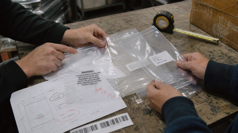 Packaging buyer and supplier reviewing custom poly bag samples and warning artwork