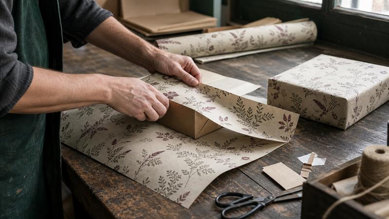 Hands folding custom printed wrapping paper around a small gift box