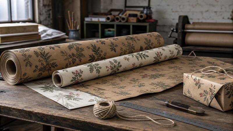 Custom wrapping paper rolls and printed sheets on a worn packaging workshop table