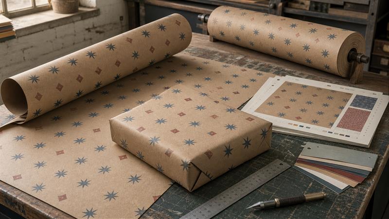 Wrapping paper rolls, proof sheets, color swatches, and a finished parcel on a worktable