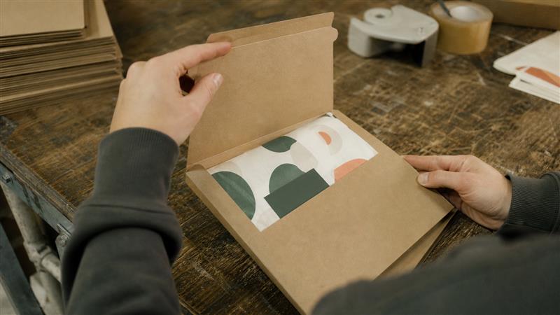 Hands opening a plain kraft mailer to reveal printed tissue paper inside