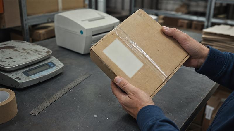 Worker checking a sealed discreet parcel with a ruler, scale and shipping label area