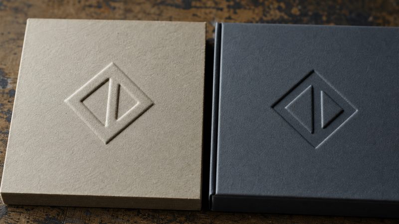 Close-up comparison of a raised embossed mark and a recessed debossed mark on paperboard samples