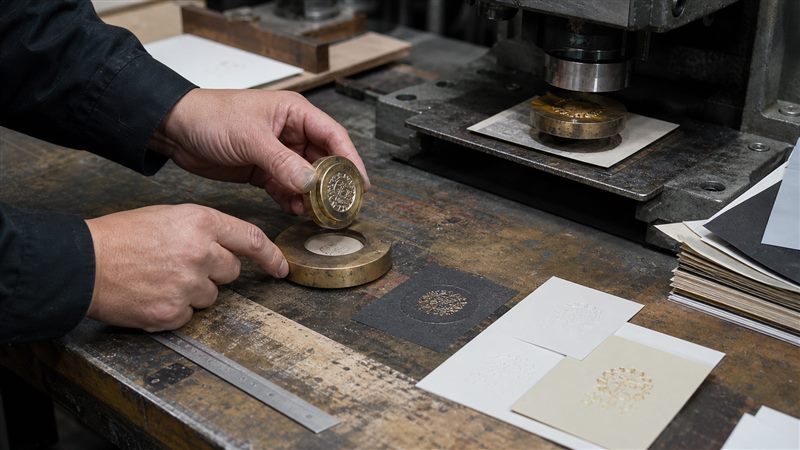 Packaging technician preparing an embossing and debossing die beside a foil stamping press