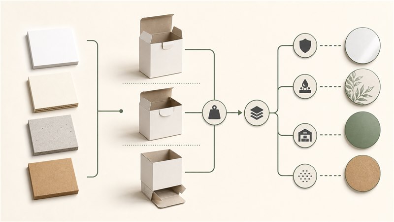 Visual decision path for paperboard material, folding carton structure, and surface finish