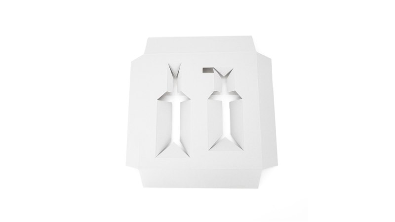 Unfolded white paperboard carton with two die-cut product holders