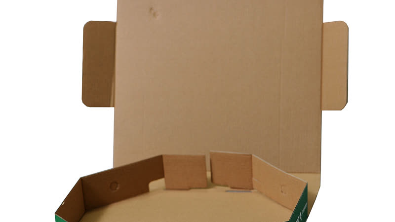 Real printed pizza box showing a food-service packaging format for hot prepared food