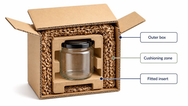 Cutaway diagram of a fragile glass jar protected by an outer box cushioning zone and fitted insert