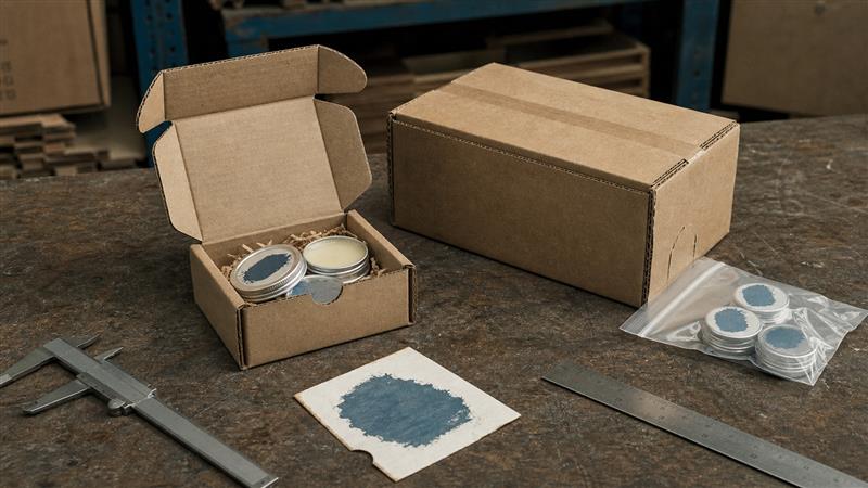 French solid perfume ecommerce brand using a recycled E-flute paper mailer beside heavier packaging materials