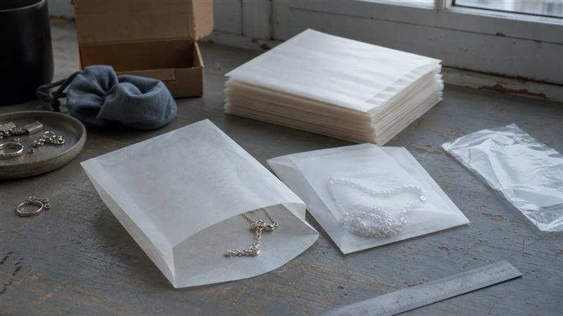 Translucent glassine envelopes protecting silver jewellery and fabric accessories at a Swedish ecommerce packing station