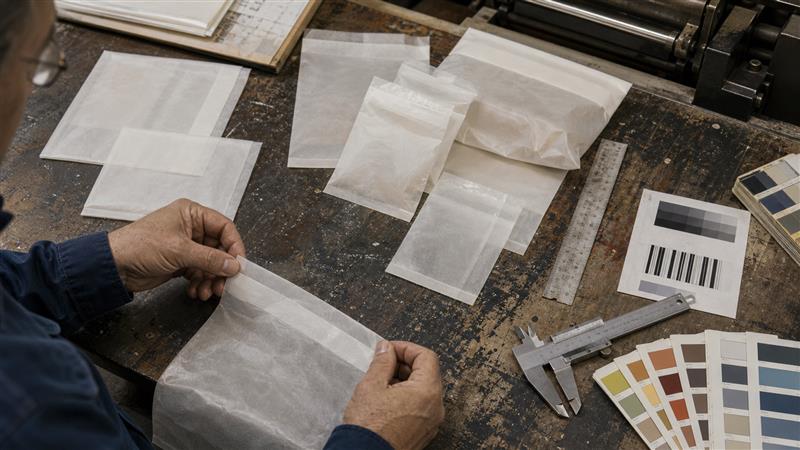 Packaging technician checking custom glassine paper samples with a ruler, caliper and print swatches