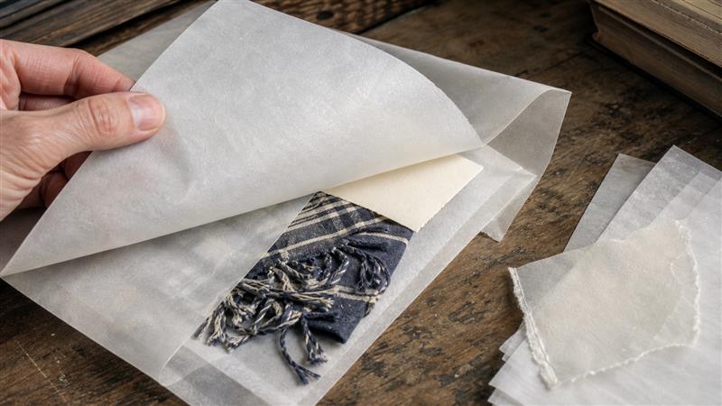 Close view of translucent glassine paper sheets and a glassine bag on a worn packaging workbench