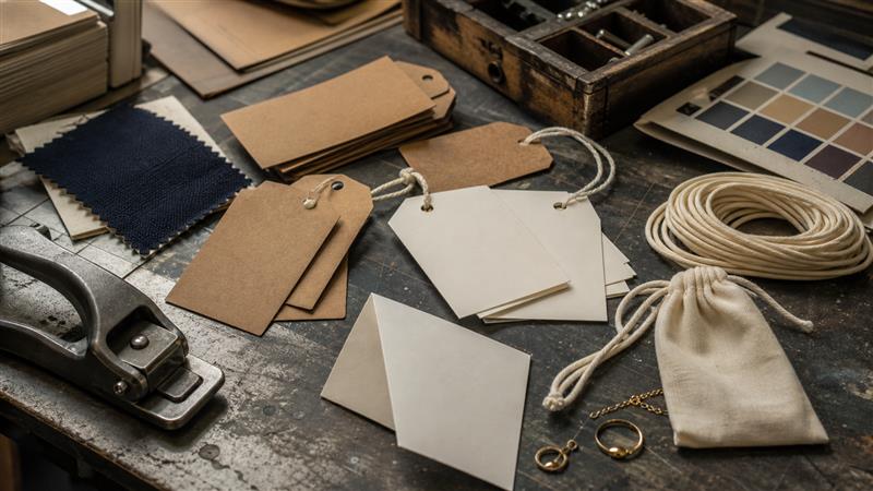 Hang tags attached to apparel and jewelry products with cotton cord string elastic and fasteners
