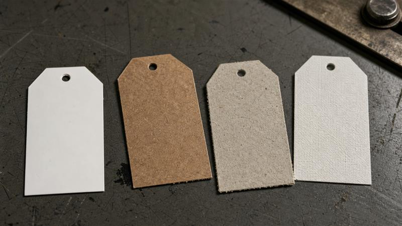 Printed hang tags being checked beside color swatches, cord samples and a hole-punching press