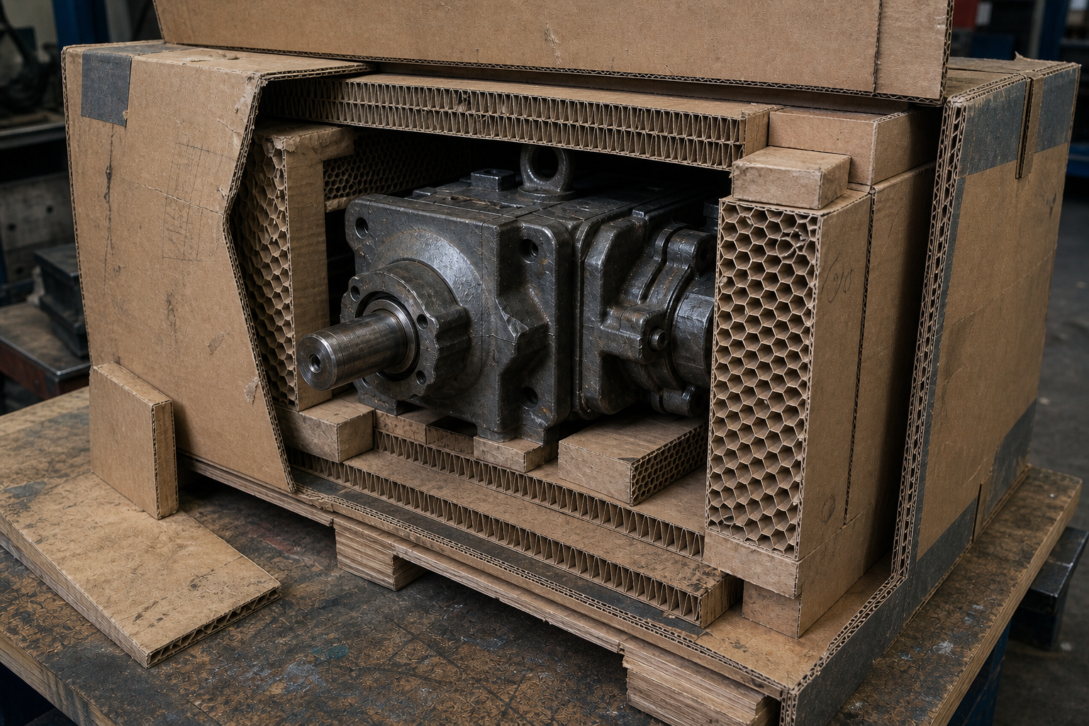 AI-created cutaway showing Hexacomb honeycomb pads, edge protectors, and blocking around an industrial component