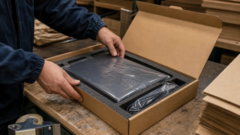 Hands placing a laptop in a fitted insert inside a corrugated shipping box