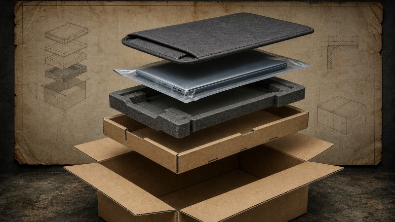 Exploded view of a laptop inside a sleeve, protective insert and corrugated shipping box