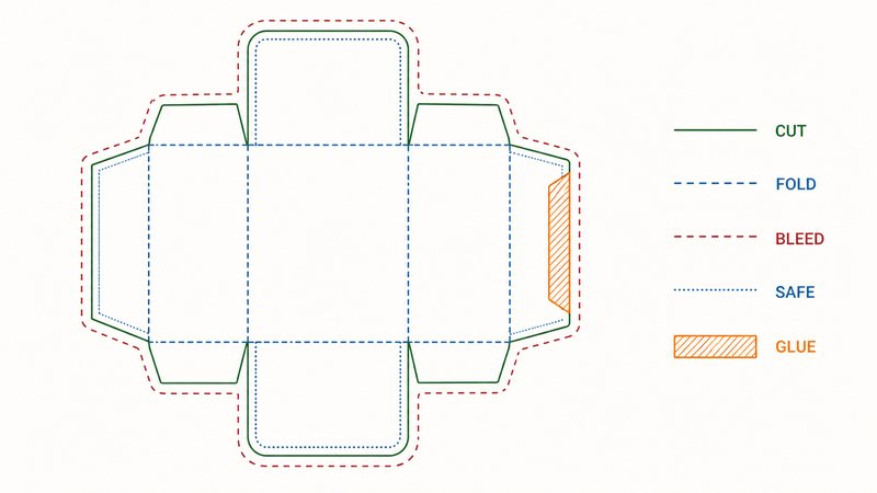 Packaging dieline diagram showing cut, fold, bleed, safe and glue areas