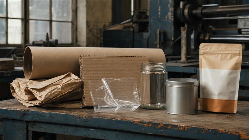 Packaging buyer measuring a corrugated box while comparing paper plastic glass and metal samples