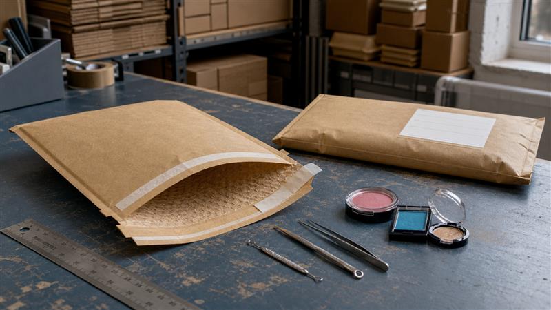 Paper padded envelope protecting cosmetics and metal makeup tools at a UK ecommerce packing station