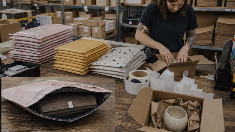 Ecommerce fulfillment station with custom padded envelopes, paper mailers, bubble mailers and rigid mailers