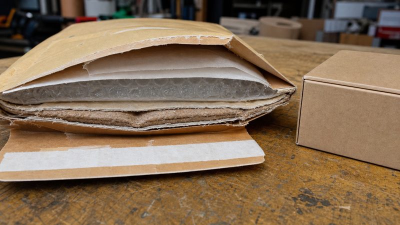 Open padded envelope showing paper and bubble cushioning layers beside a small product box