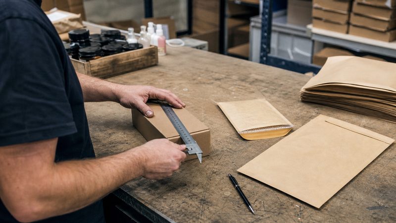 Ecommerce worker measuring a packed product before choosing the correct padded envelope size