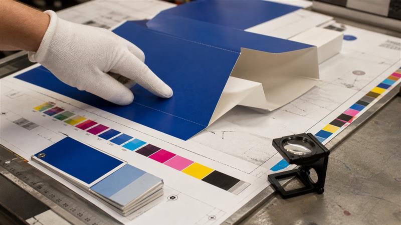 AI-created close-up comparison of a Pantone swatch and CMYK packaging proof