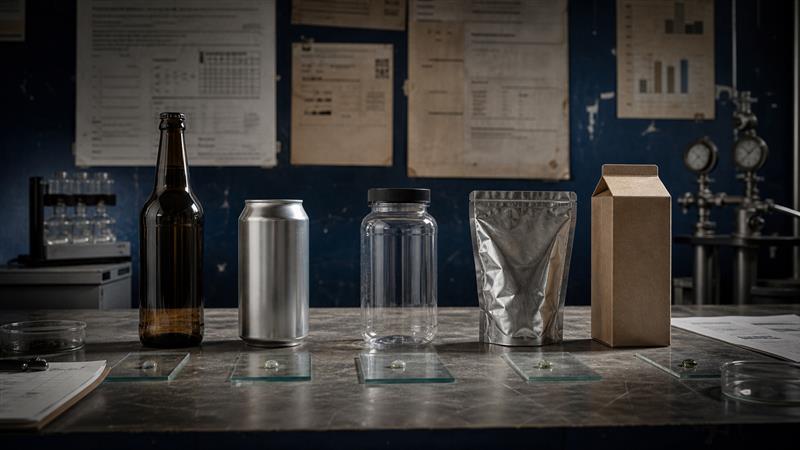 Kraft paper corrugated board molded pulp and paperboard samples on a worn packaging workbench